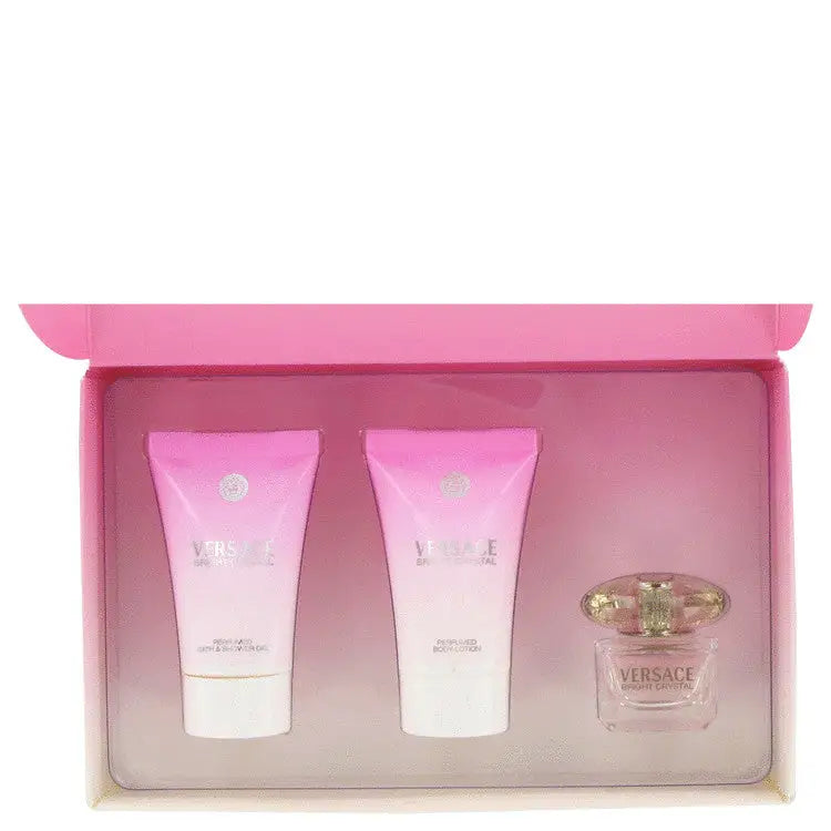 Pink Versace Bright Crystal gift set with mini EDT, shower gel, and body lotion for daytime wear