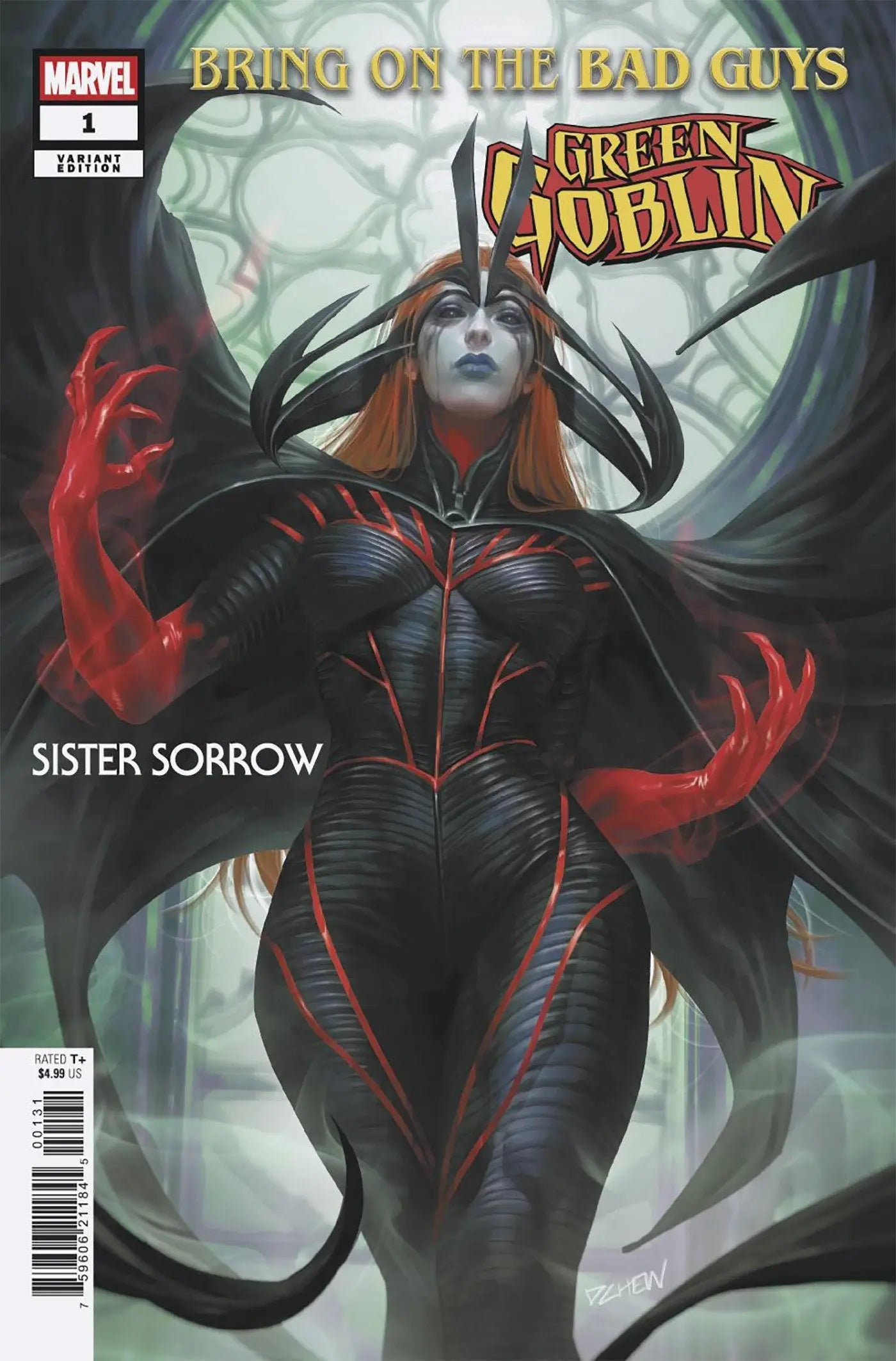 Comic book cover with Sister Sorrow Variant featuring Green Goblin artwork by Derrick Chew