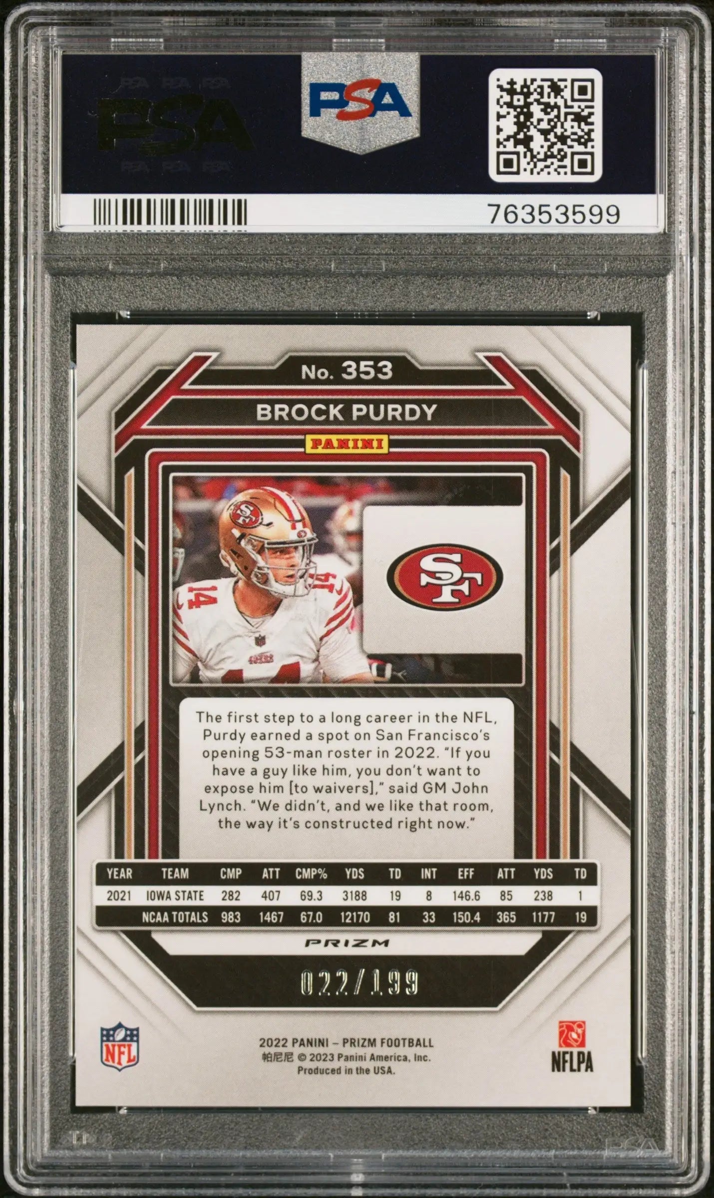 Brock Purdy 2022 Prizm #353 Blue Wave #22/199 PSA 10 Gem Mint - Singles