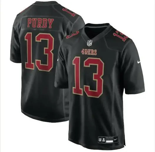 Black Brock Purdy San Francisco 49ers Nike jersey with red and gold 13 on front