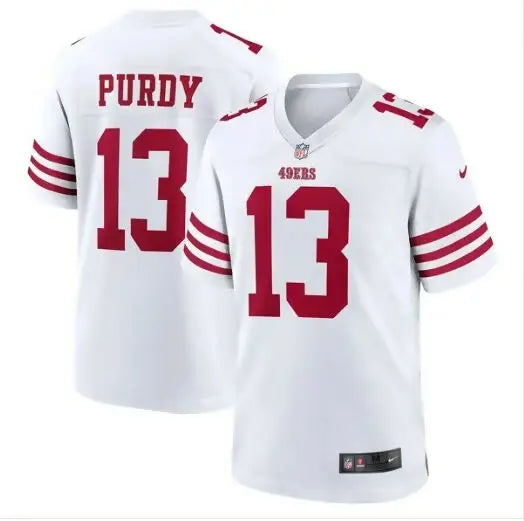 White San Francisco 49ers Brock Purdy Nike Game Player Jersey with red numbers and stripes