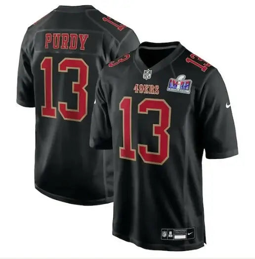 Black San Francisco 49ers Brock Purdy football jersey with red number 13 and Purdy on back