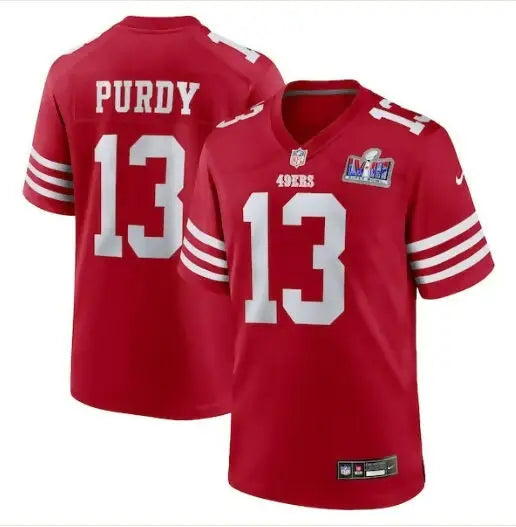 Red Brock Purdy San Francisco 49ers NFL jersey with 13 on front and back, Nike Super Bowl LVIII