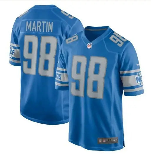 Two blue Detroit Lions Brodric Martin Nike Game Jerseys with number 98
