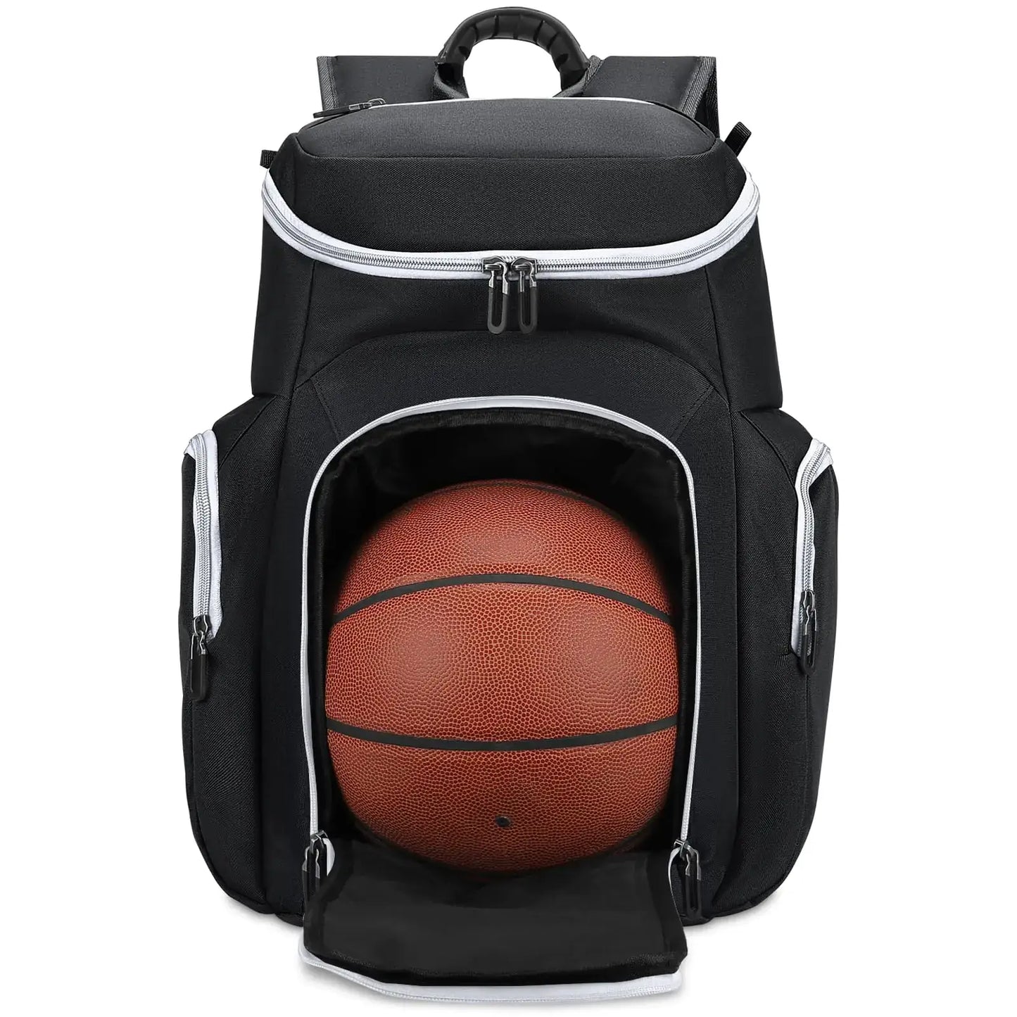 Black basketball backpack with ball compartment and large capacity for sports equipment