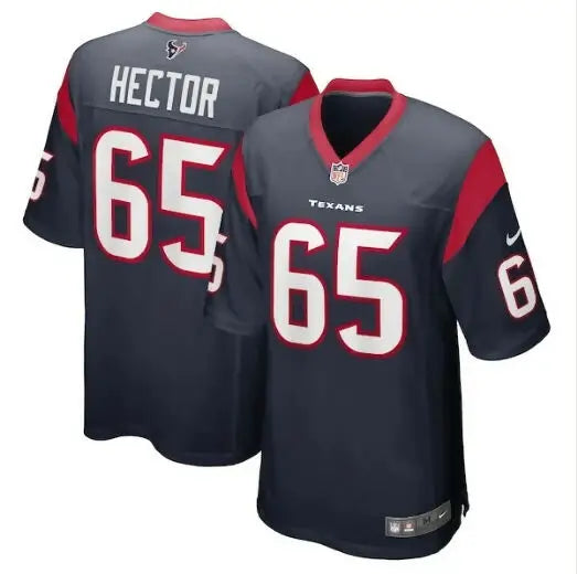 Dark blue Houston Texans Nike Game Jersey with red and white accents, number 65, Hector