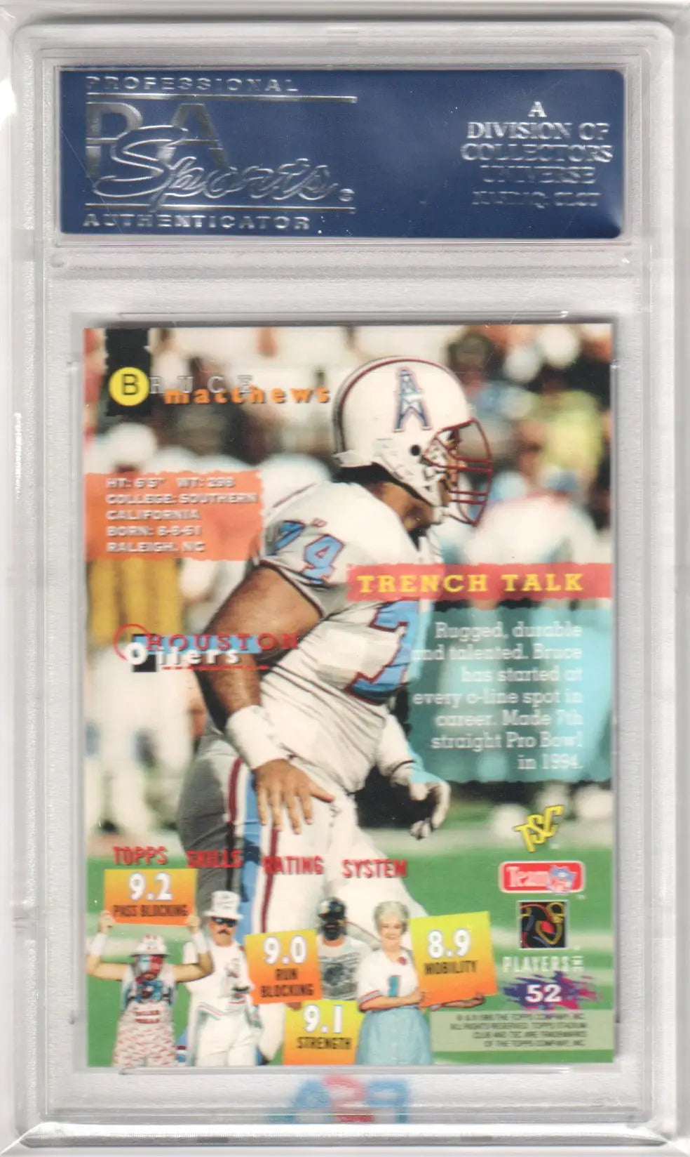 Graded Bruce Matthews 1995 Topps Stadium Club football card from Columbia Hobby