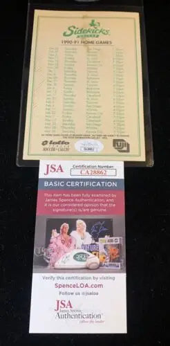 Autographed Brund Ferretti Dallas Sidekicks postcard showcasing home game schedule