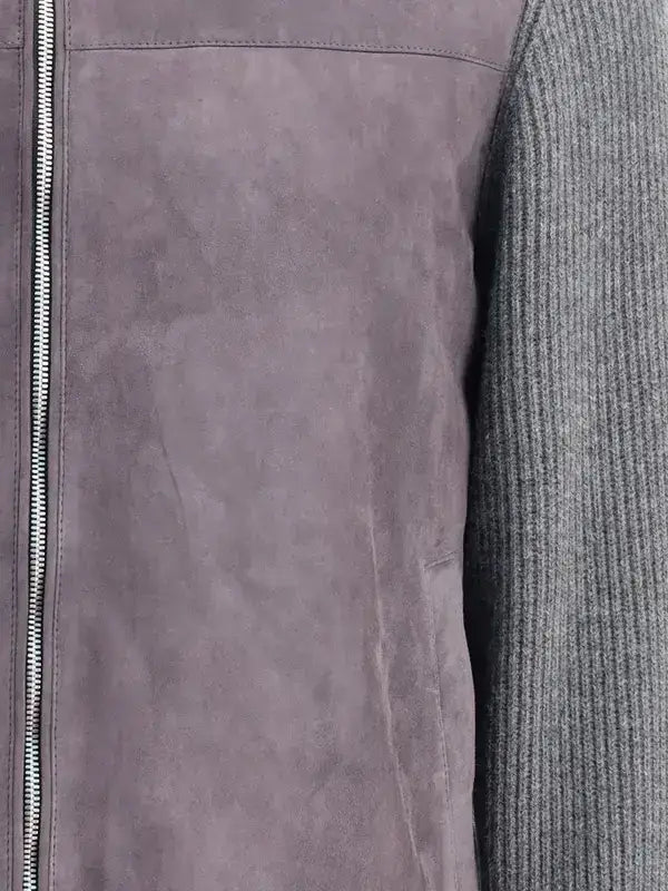 Purple suede Brunello Cucinelli men’s english knit jacket with grey ribbed knit sleeves