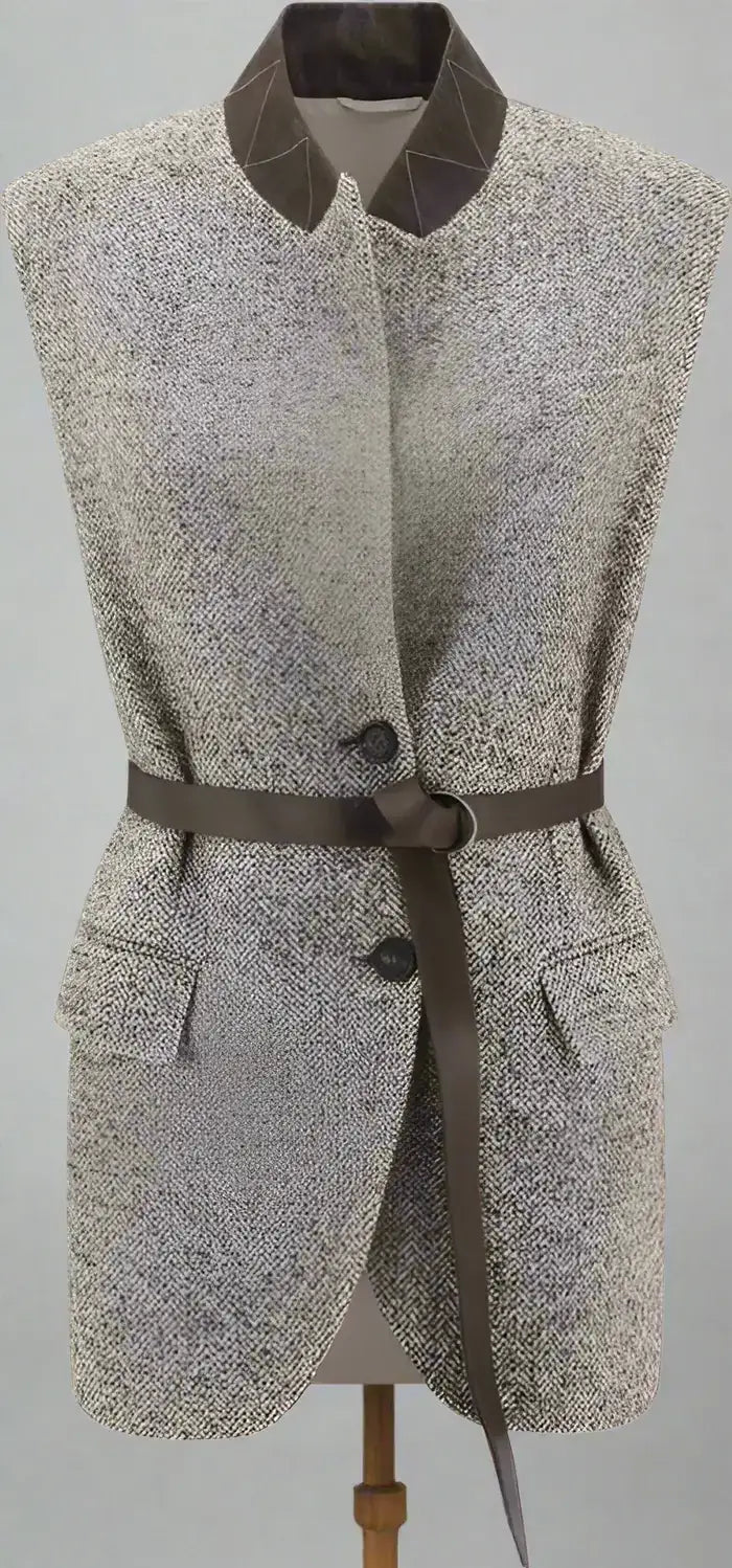 Brunello Cucinelli women’s brown wool gilet with sleeveless design, dark brown collar, and belt