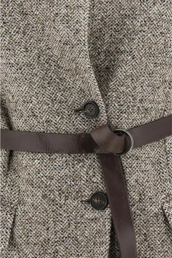Brown and white herringbone wool gilet with dark brown leather belt for women