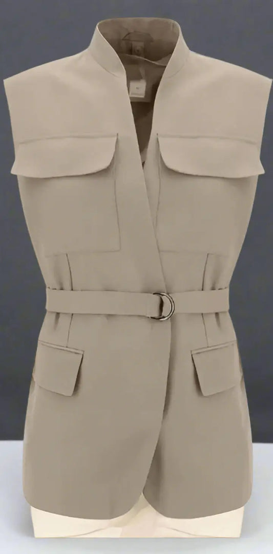 Brunello Cucinelli womens grey beige sleeveless trench vest with belted waist