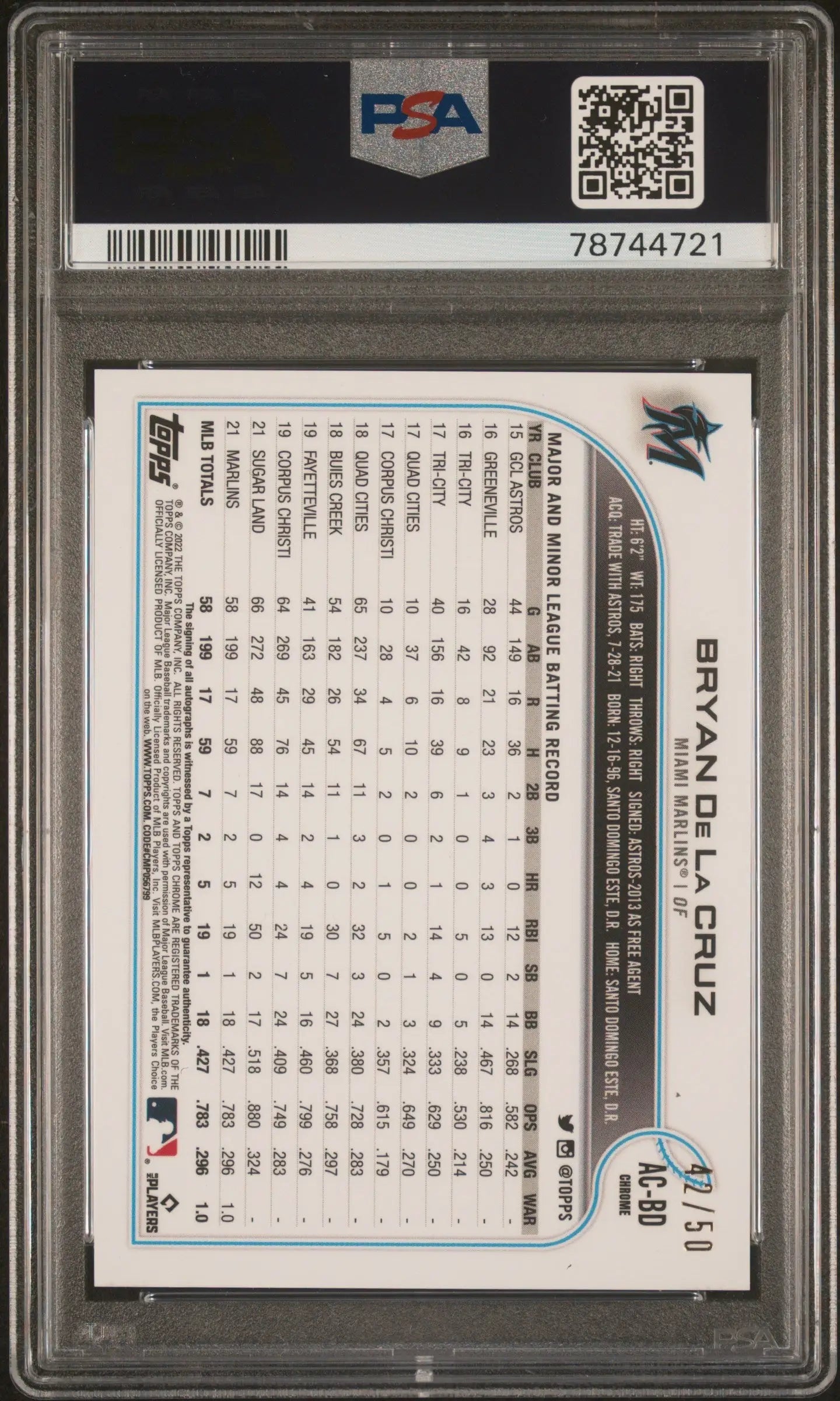 Back of graded baseball card showing Bryan De La Cruz Topps Chrome Gold RC Refractor