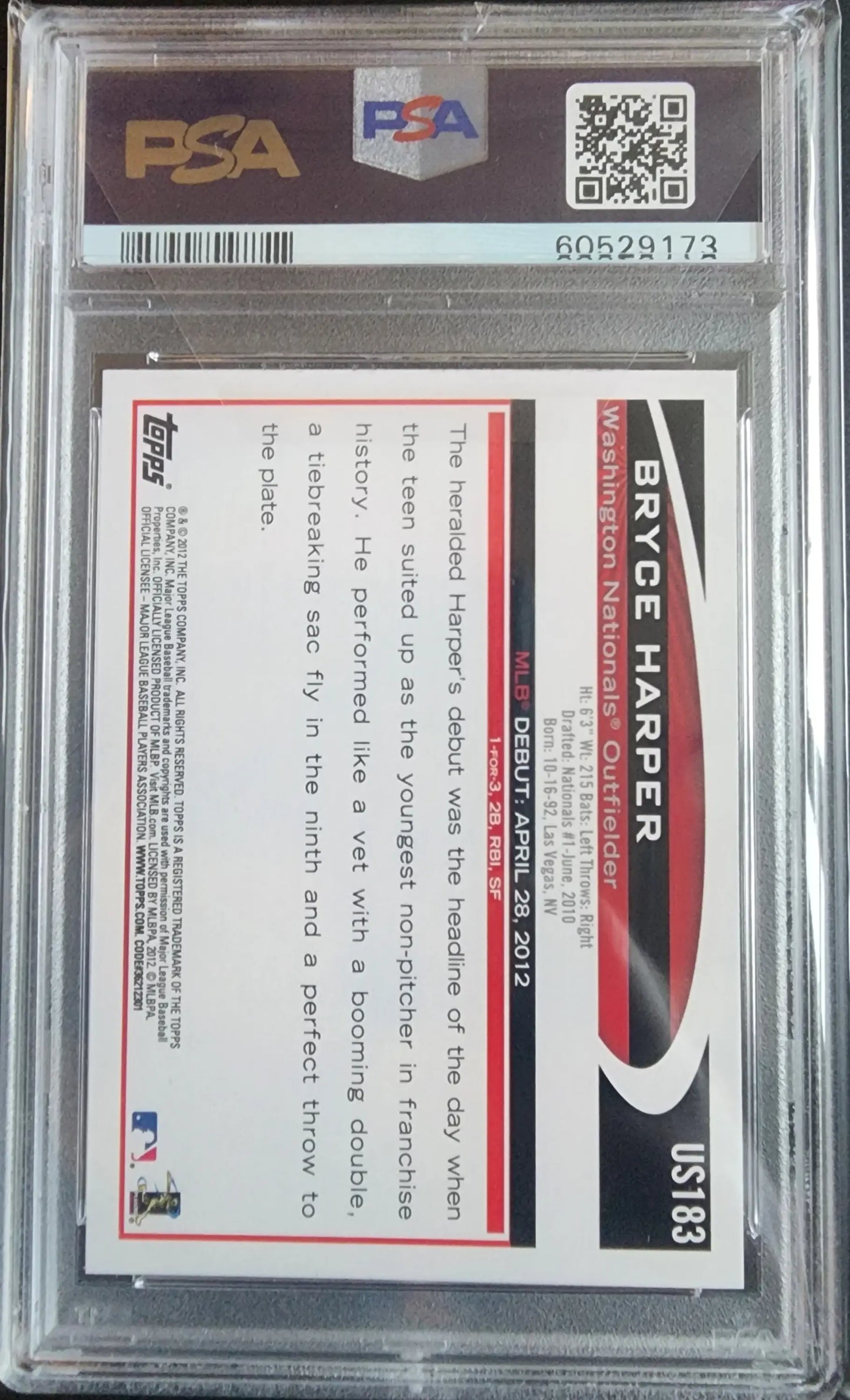 Bryce Harper 2012 Topps Update US183 PSA 10 card in protective case with QR code