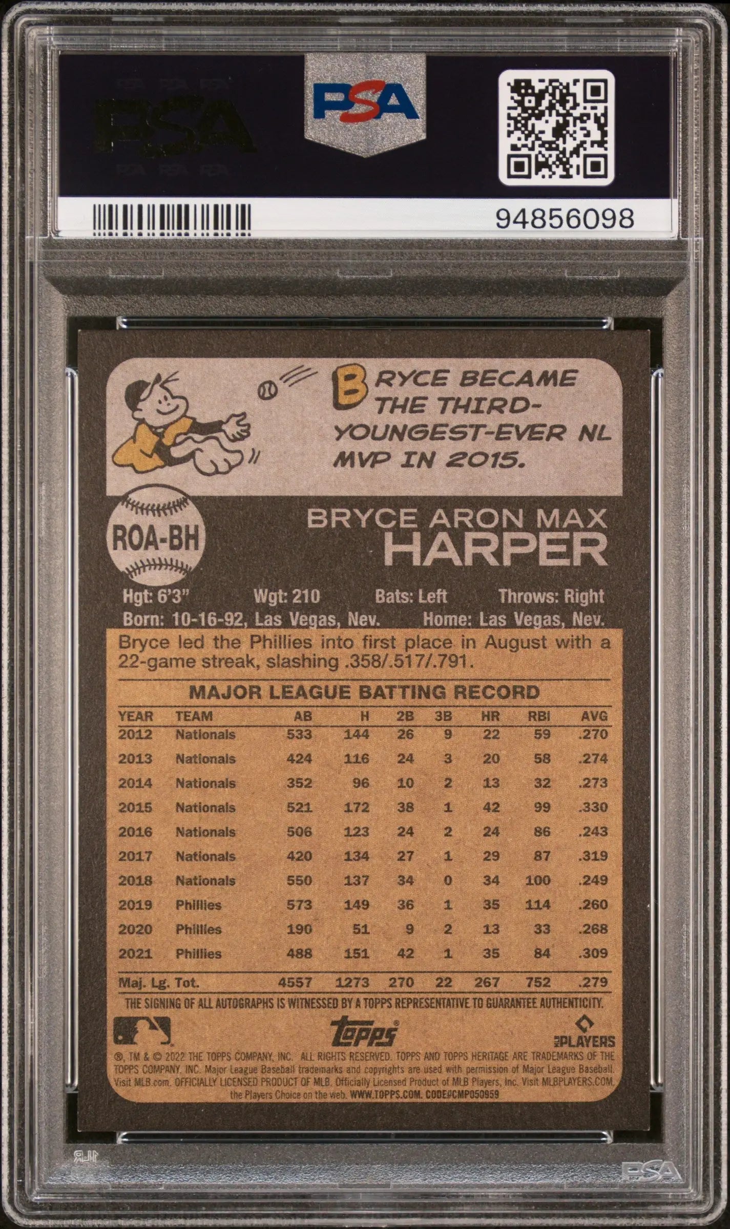 Bryce Harper 2022 Topps Heritage Real One Red Ink card in graded protective case