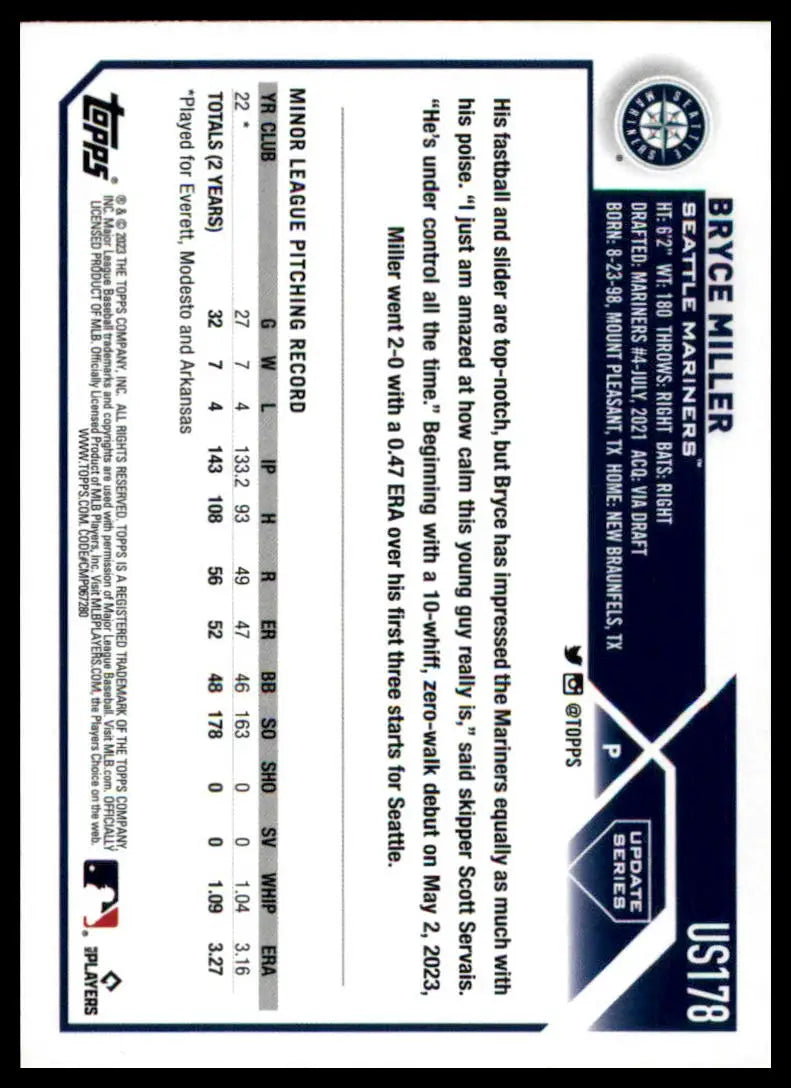 Bryce Miller baseball card from Topps Update 2023 Rookie Set for Seattle Mariners