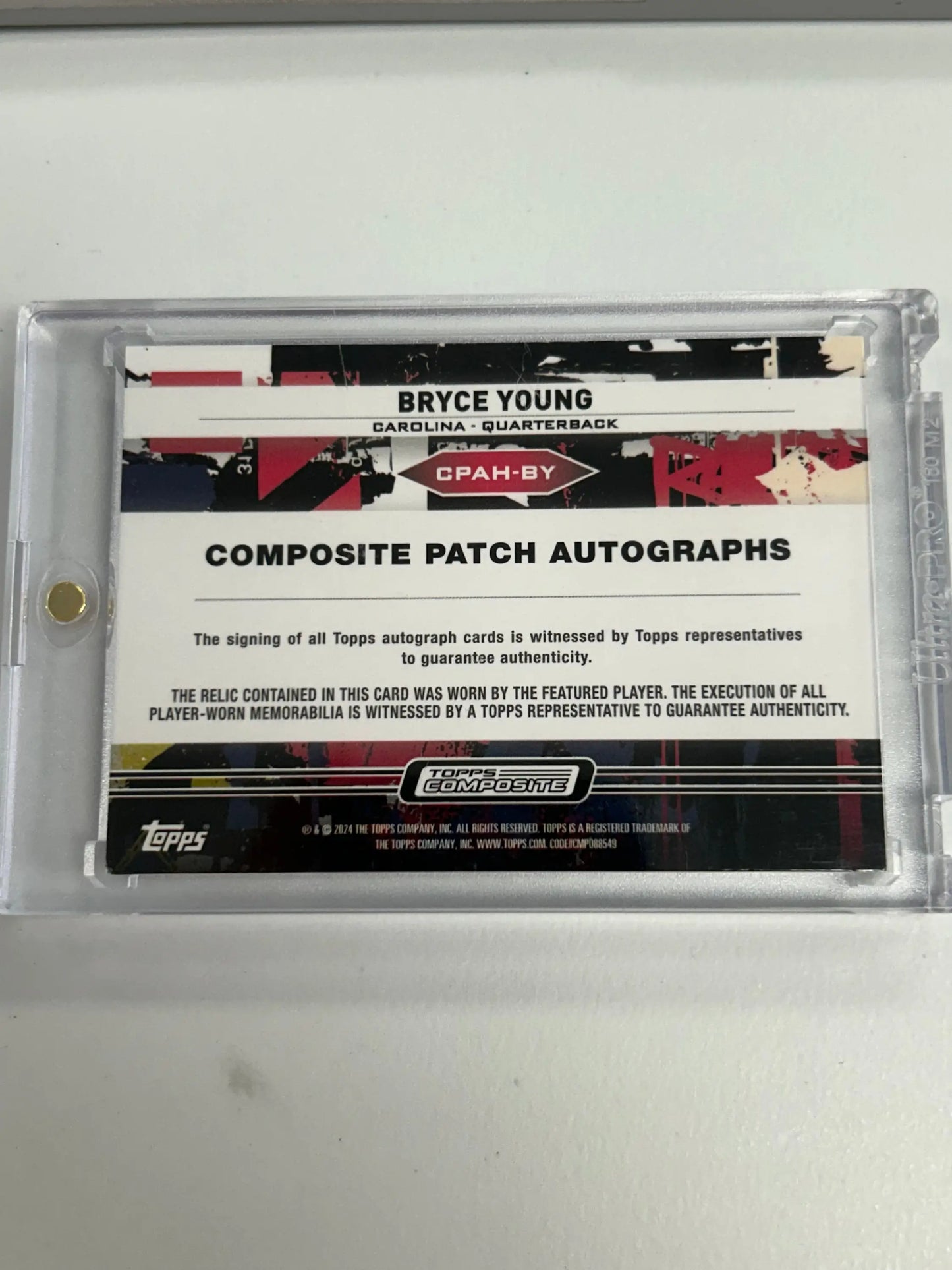 Topps baseball card featuring Bryce Young 2023 Composite Red Patch Autograph in case