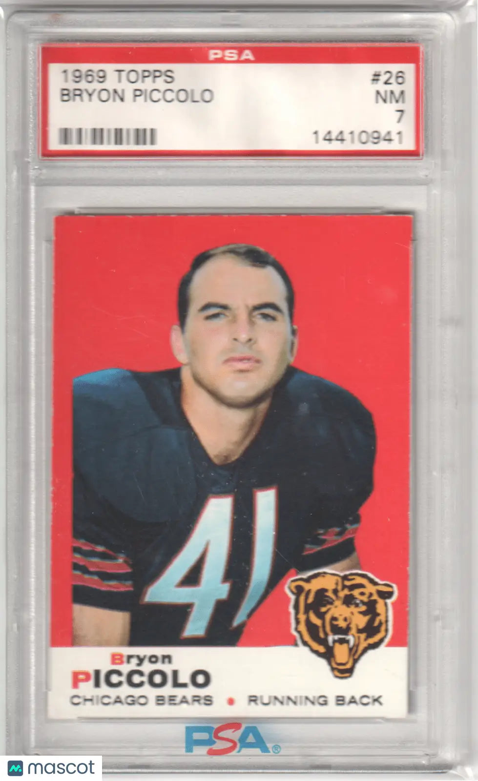 Graded 1969 Topps Bryon Piccolo football card from Columbia Hobby, PSA 7 NM