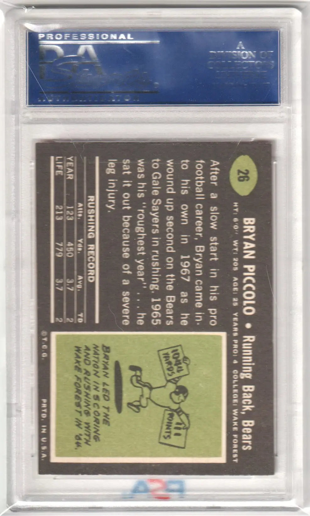 Graded Bryan Piccolo football card from 1969 Topps Bryon Piccolo PSA 7 NM Columbia Hobby