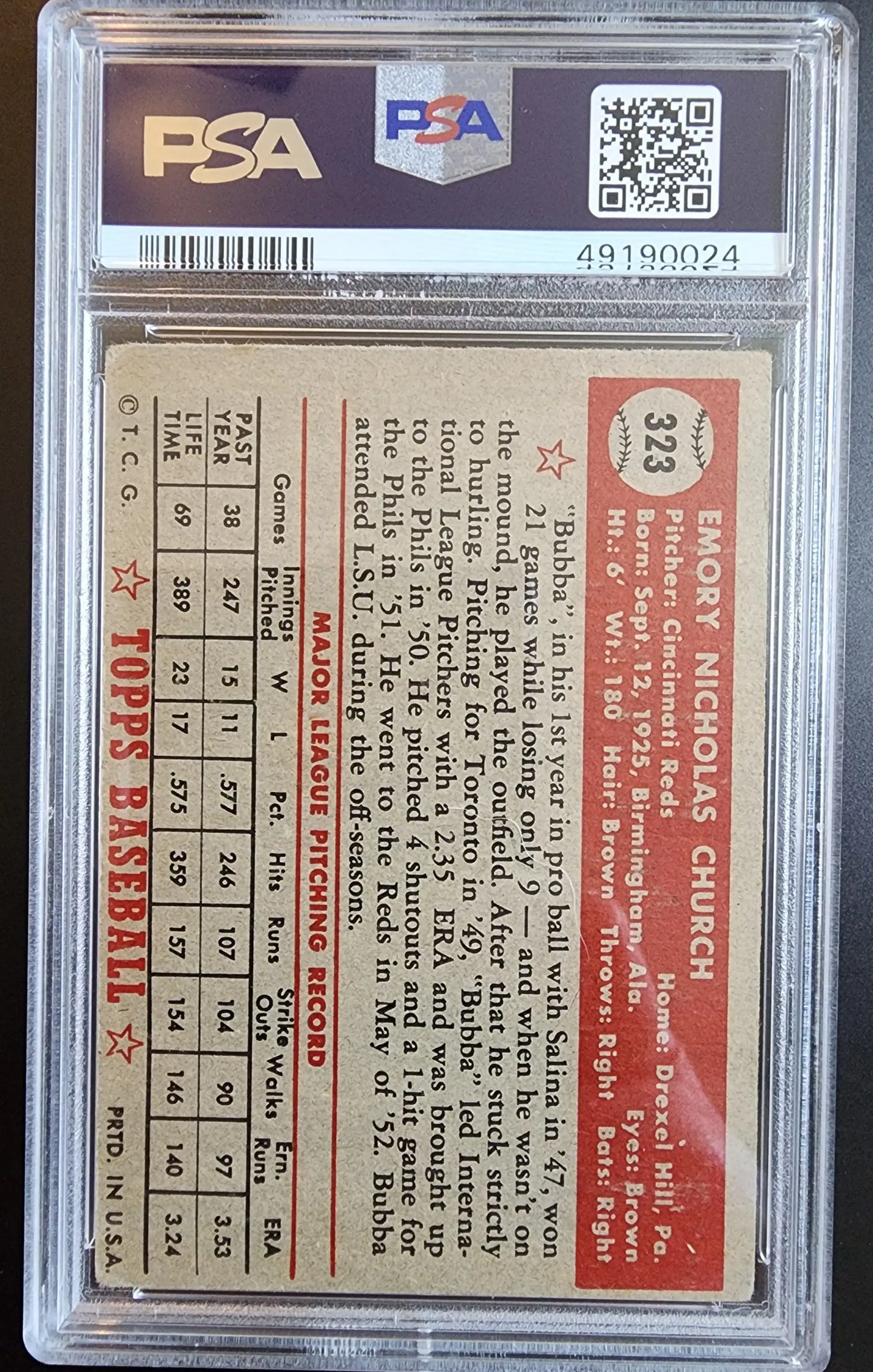 Back of Bubba Church 1952 Topps #323 PSA 3 vintage baseball card with statistics