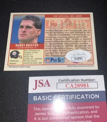Bubby Brister Pro Set trading card with JSA certification and autographed rookie details