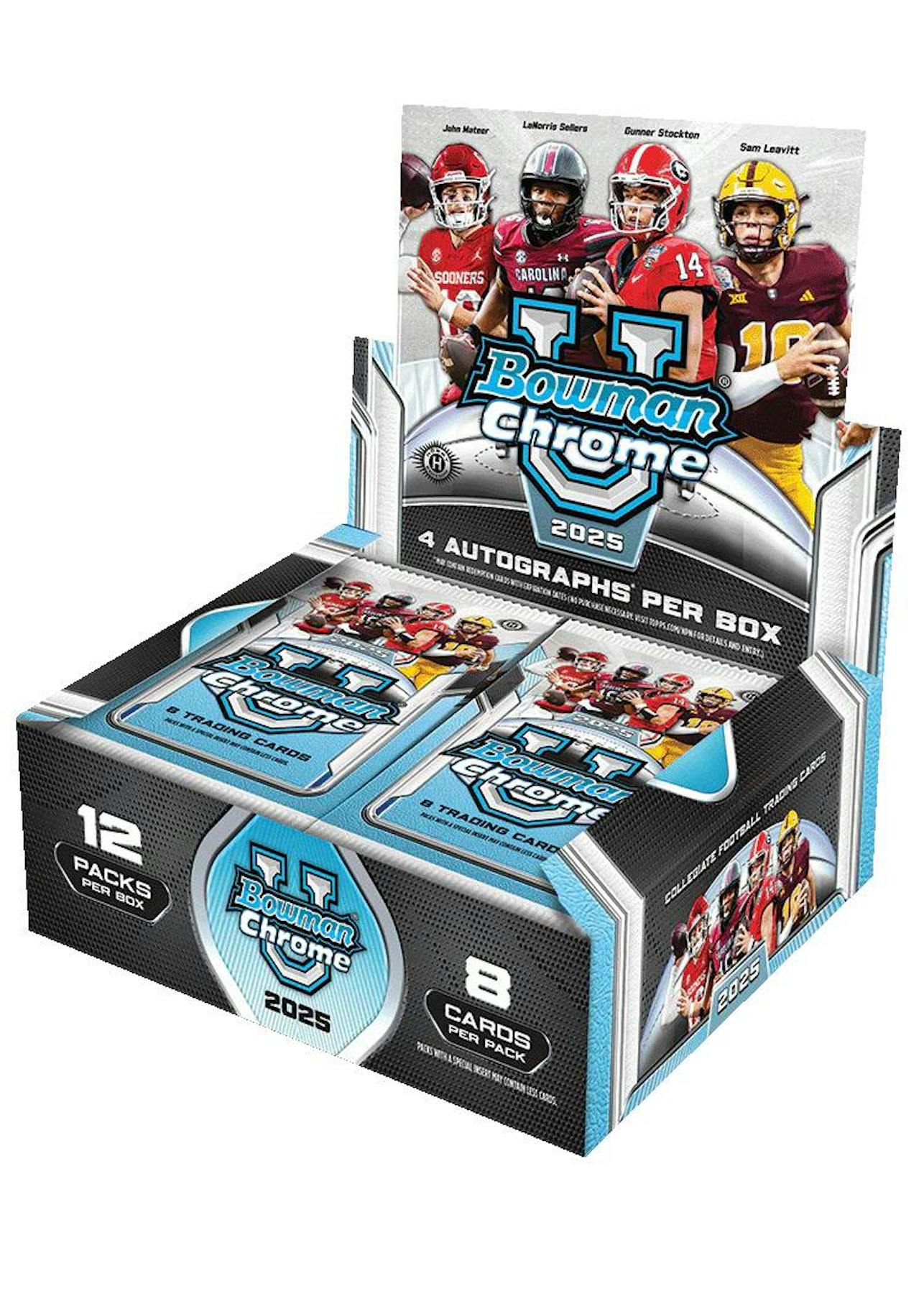 2025 Bowman University Chrome Football Hobby Jumbo Box
Bowman U Chrome Hobby Jumbo 4 Autographs
2025 Bowman University Chrome Football Cards Jumbo