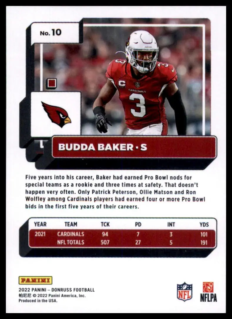 Football card featuring Budda Baker from 2022 Donruss Arizona Cardinals collection