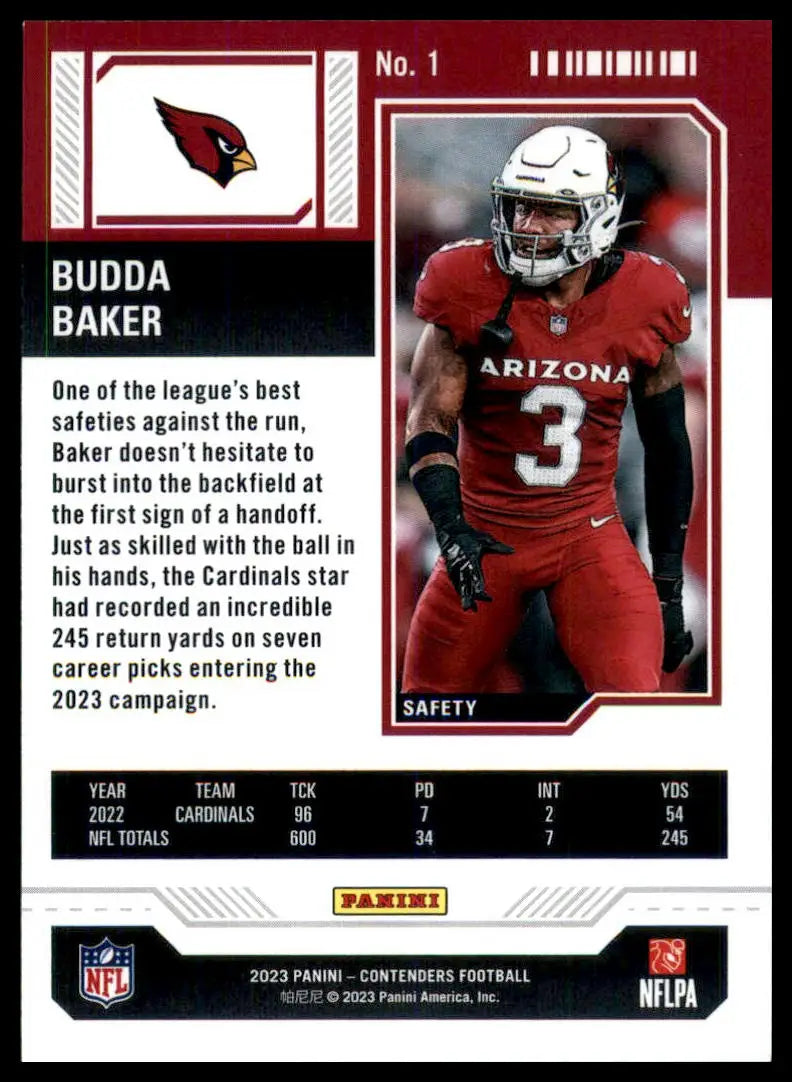 Collectible Panini Contenders football card of Budda Baker Arizona Cardinals 2023
