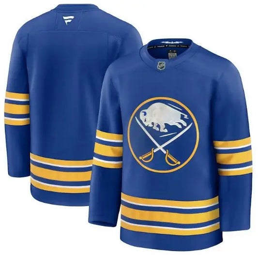 Blue Buffalo Sabres hockey jersey displayed in Buffalo Sabres Away Premium Jersey Royal