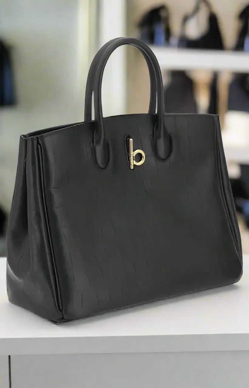 Burberry black leather crocco handbag with gold-tone B clasp display