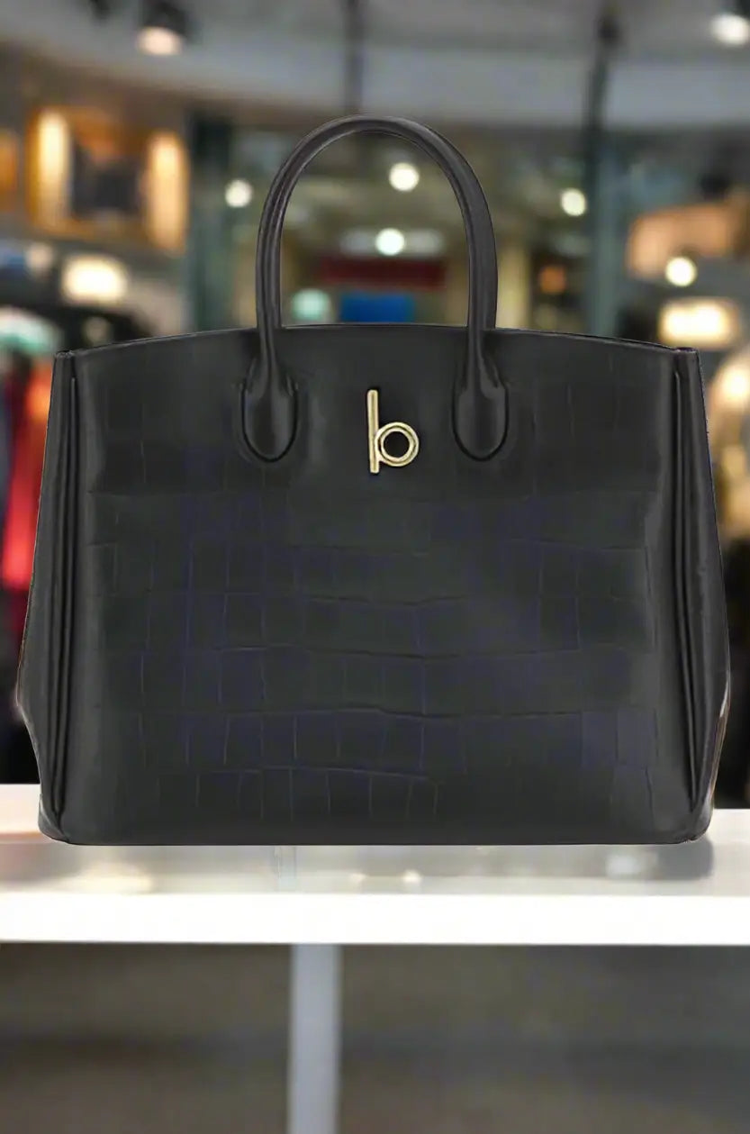 Burberry black leather crocco handbag with golden B emblem and tote design