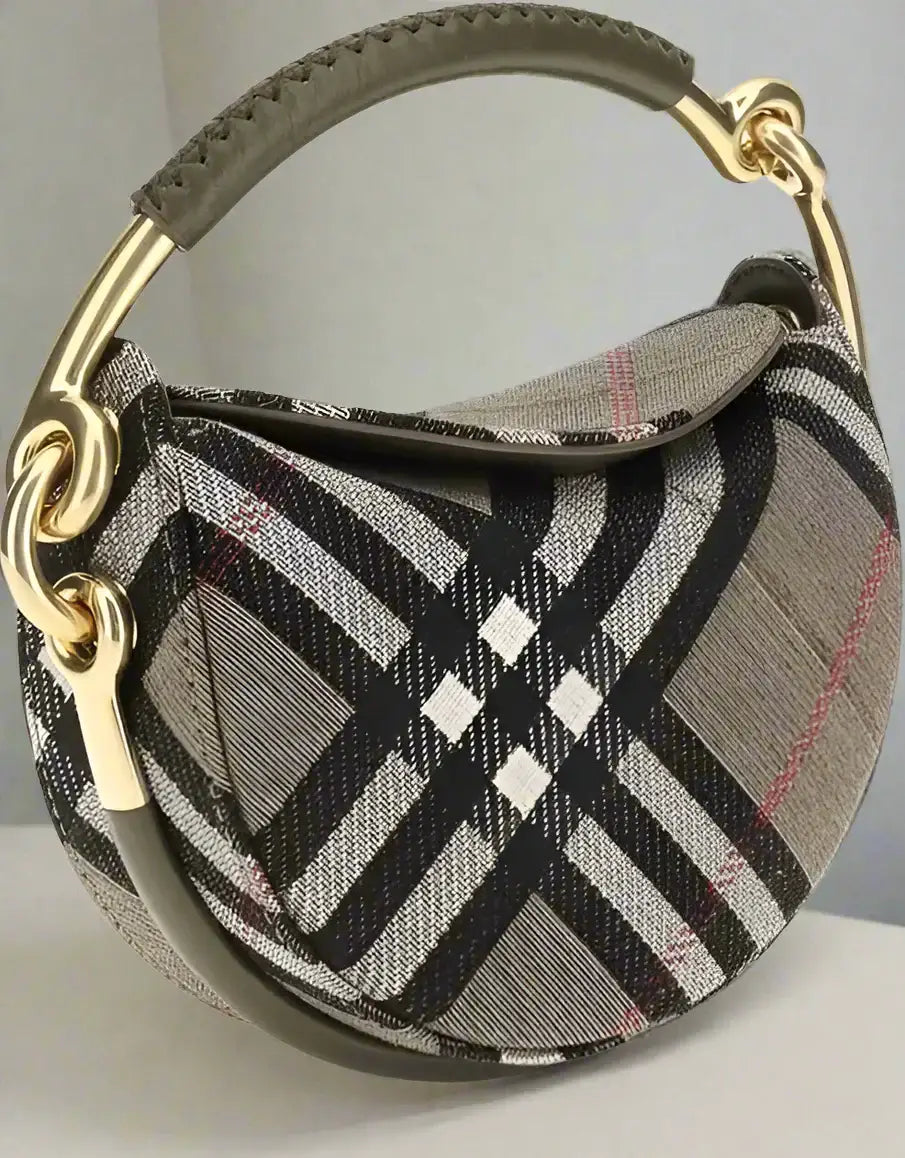 Gray plaid brindle clutch bag with gold hardware and top handle for women