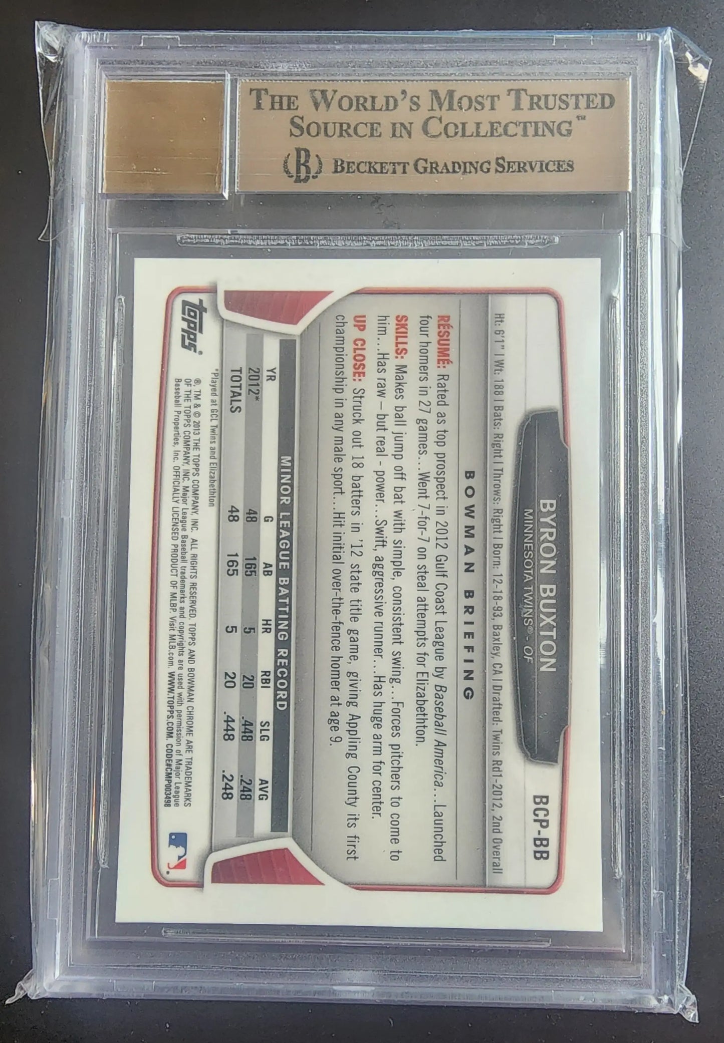 Byron Buxton 2013 Bowman Chrome Autograph BGS 10 Pristine in protective case