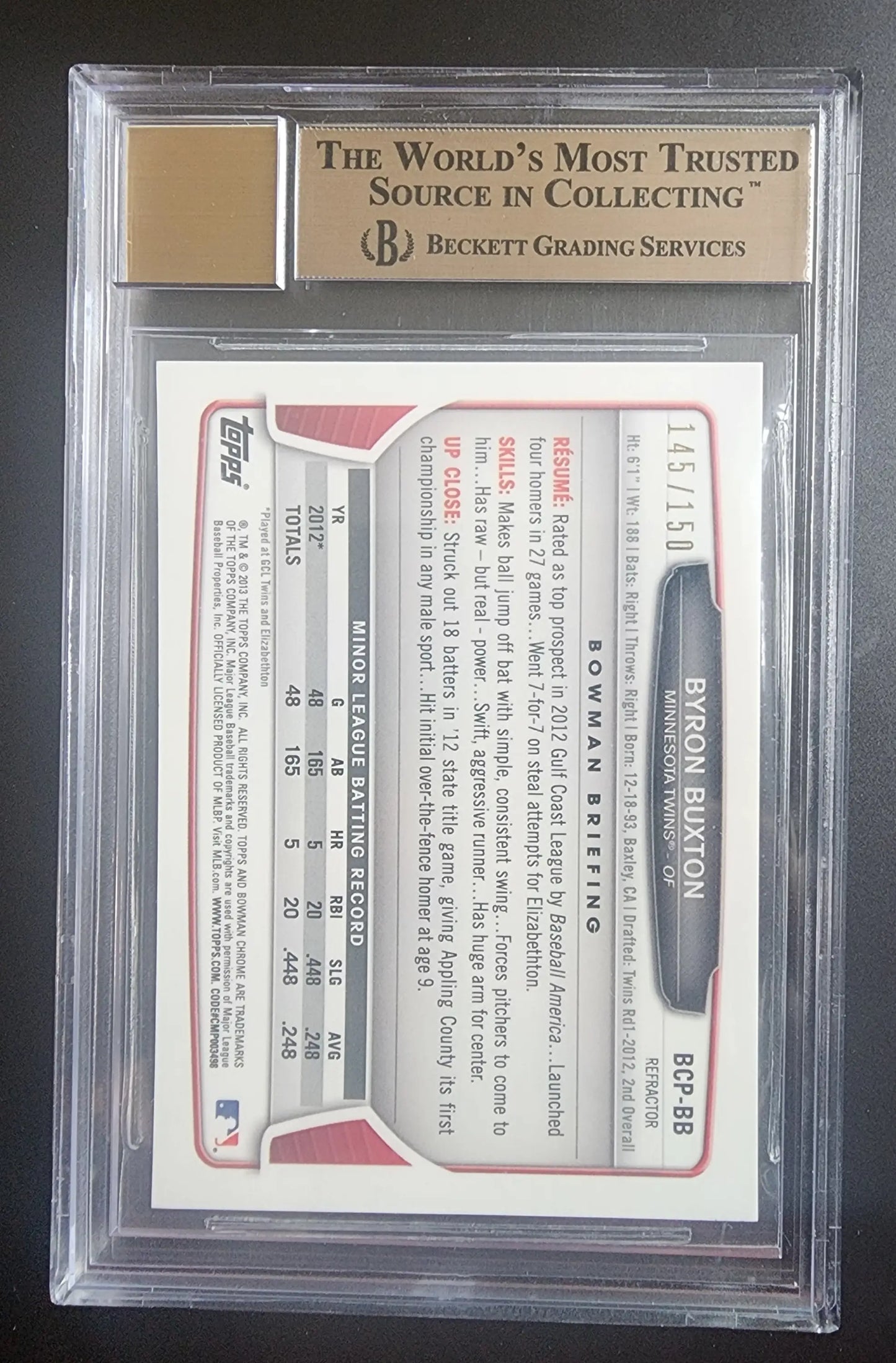 Byron Buxton 2013 Bowman Chrome Autograph Blue Refractor BGS graded card in case