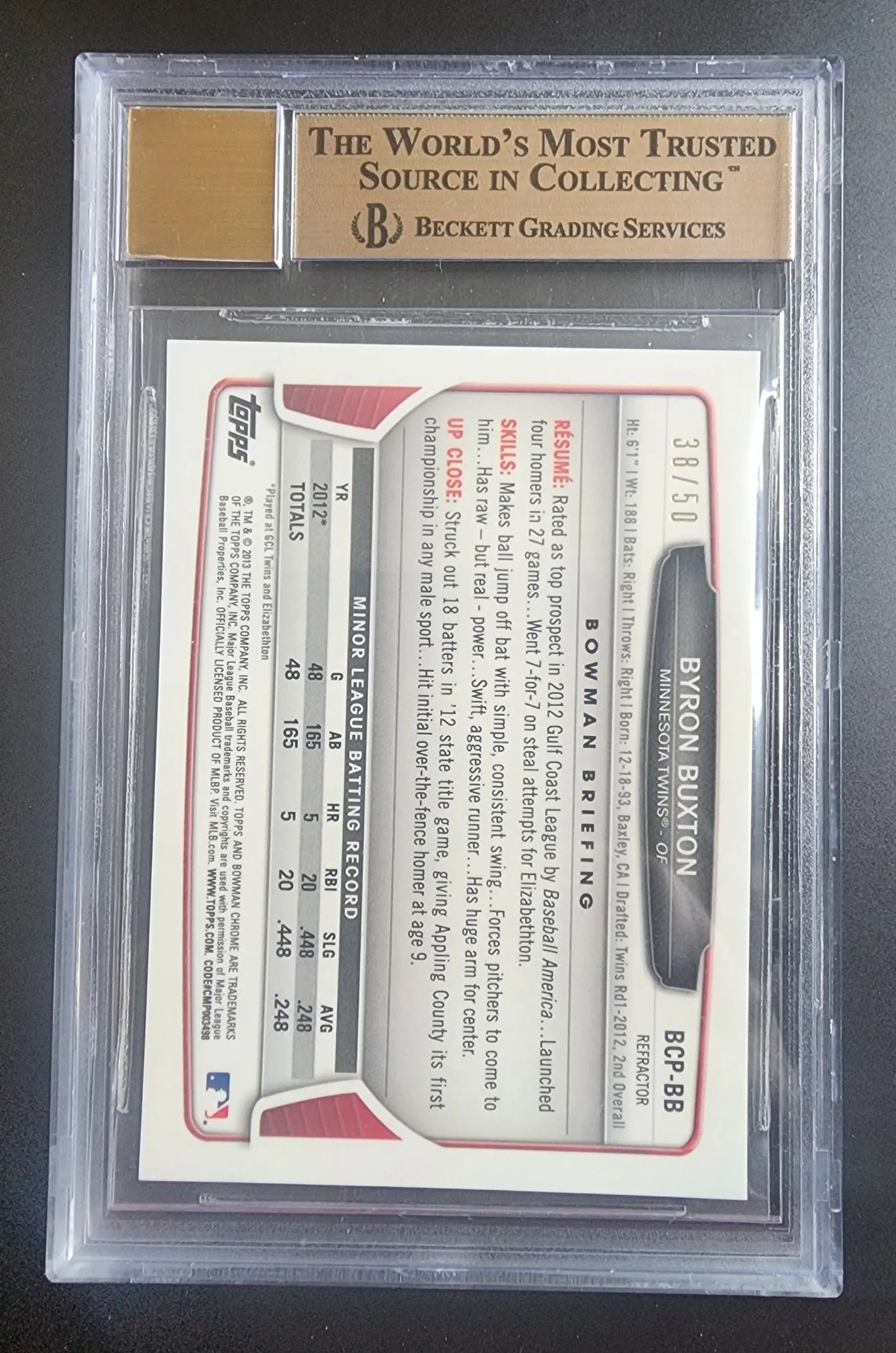 BGS-graded Byron Buxton 2013 Bowman Chrome Autograph Blue Wave Refractor card back side