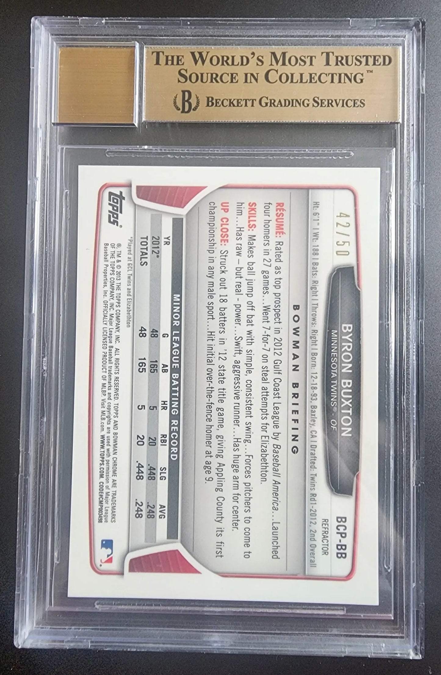 BGS-graded Byron Buxton 2013 Bowman Chrome Autograph Blue Wave Refractor in case