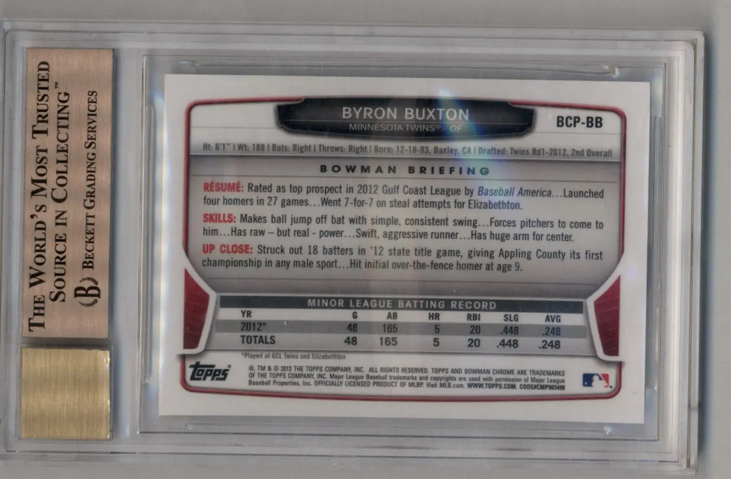 Byron Buxton 2013 Bowman Chrome Prospect Auto BGS 10 Pristine in protective case