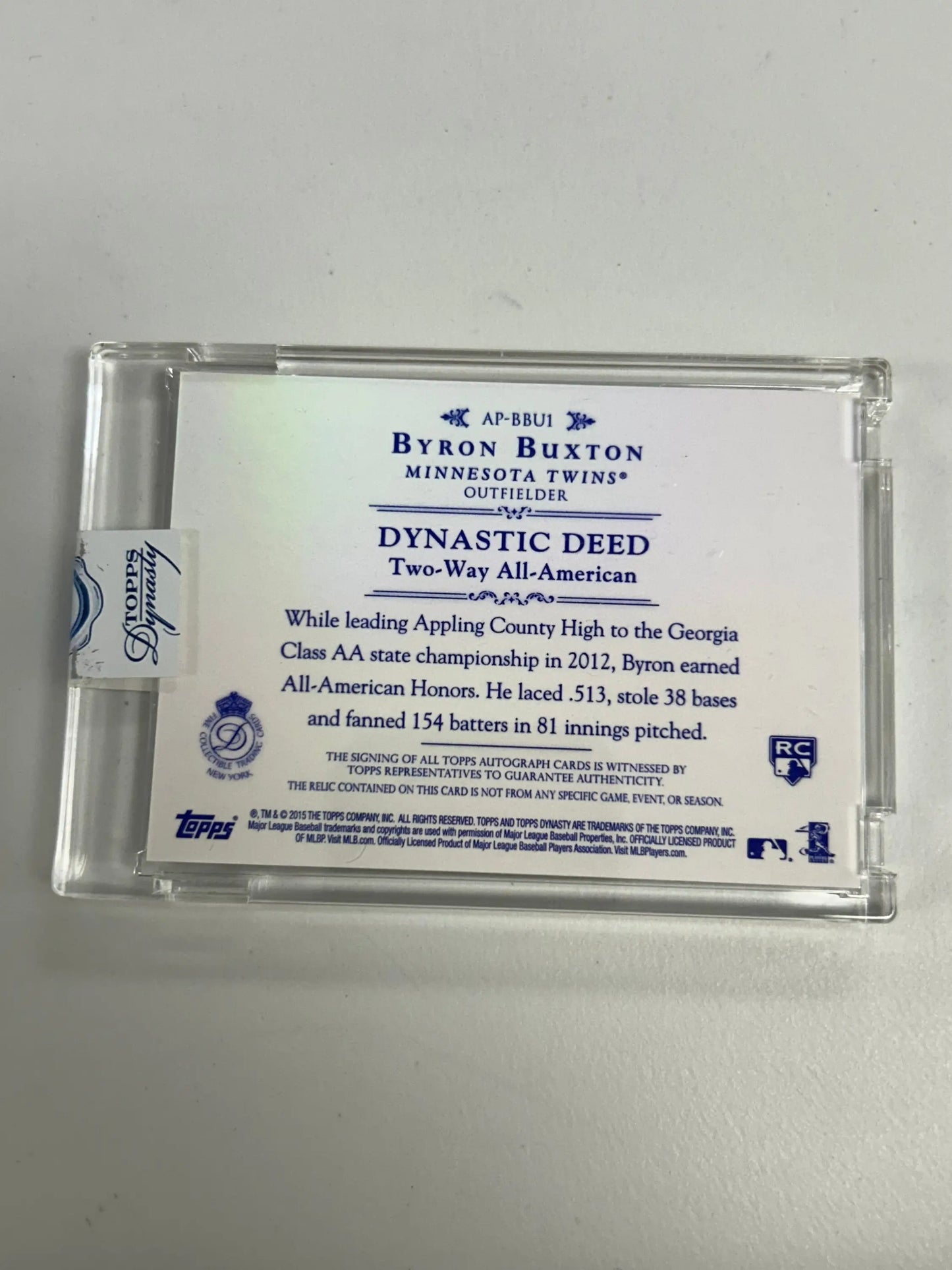 Byron Buxton 2015 Topps Dynasty Encased Patch Auto in protective case with Dynastic Deed text