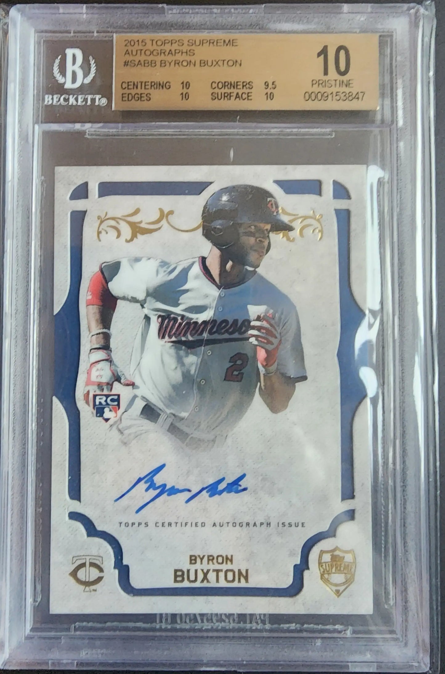 Graded Byron Buxton baseball card from Topps Supreme Auto BGS 10 Pristine 10 Auto