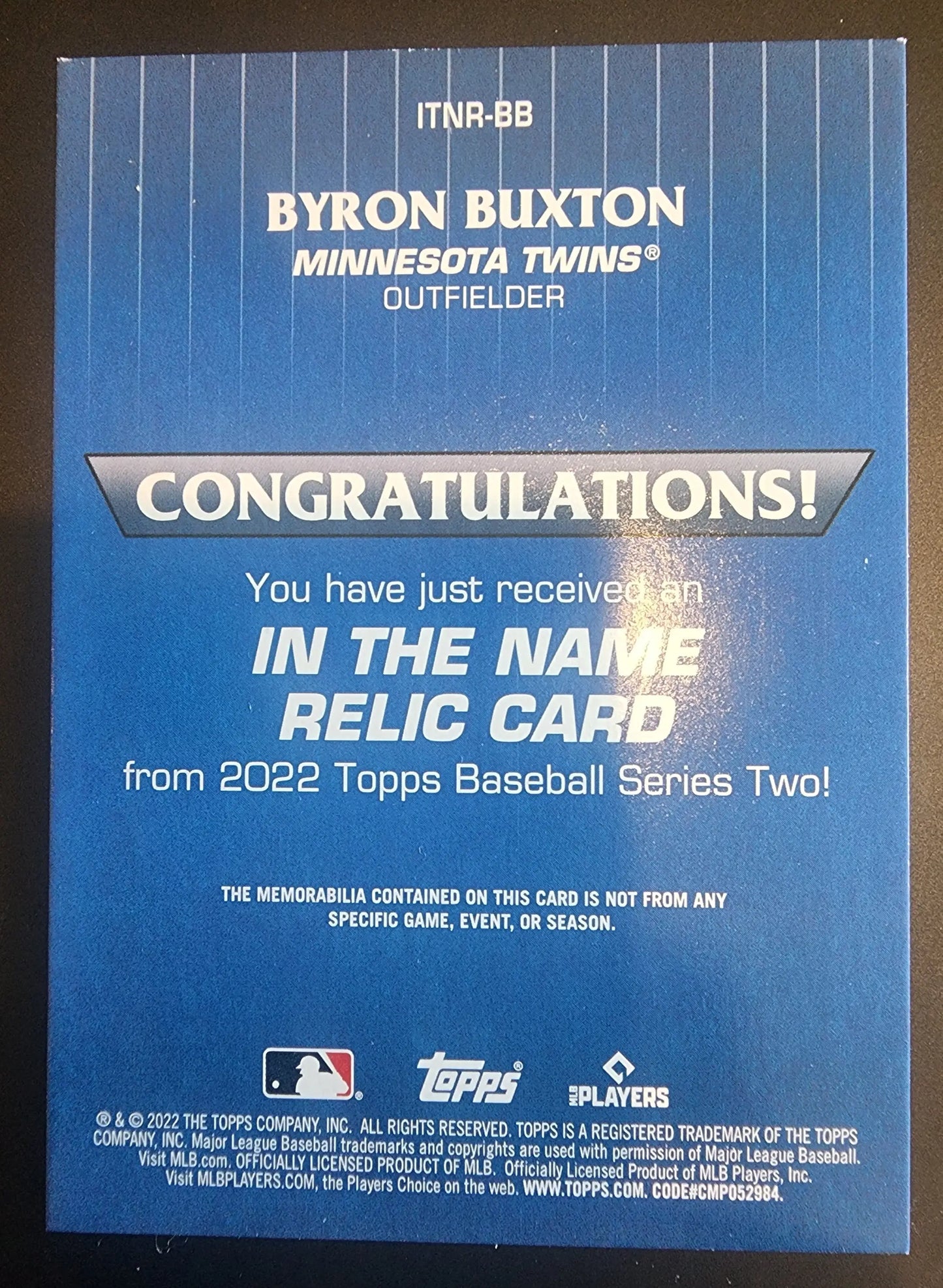 Blue Topps baseball card congratulating on Byron Buxton letter patch trading card
