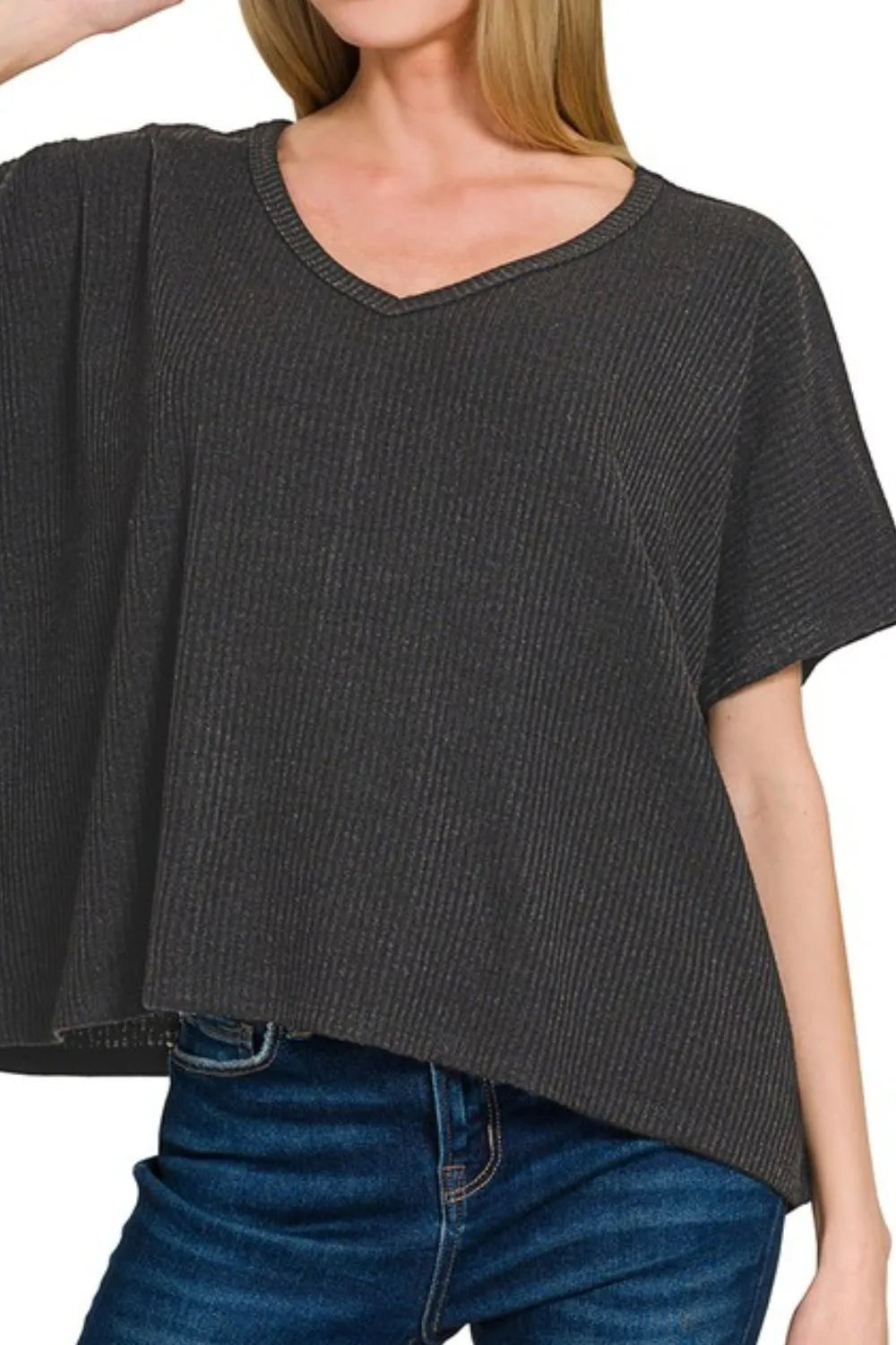 Zenana Ribbed V-Neck Short-Sleeve Knit Top