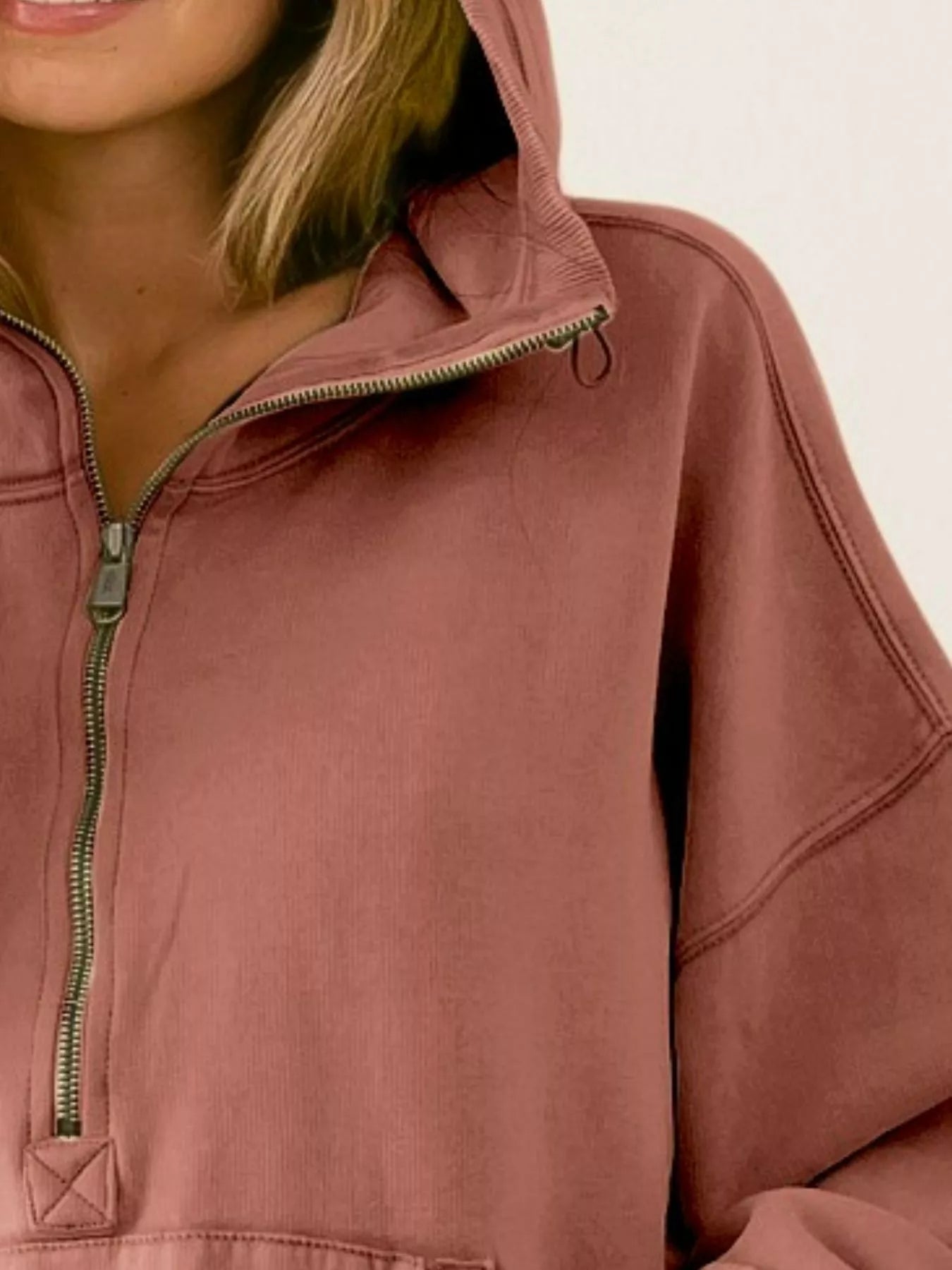 BiBi Stitch Detailed Elastic Hem Half Zip Fleece Hoodie
