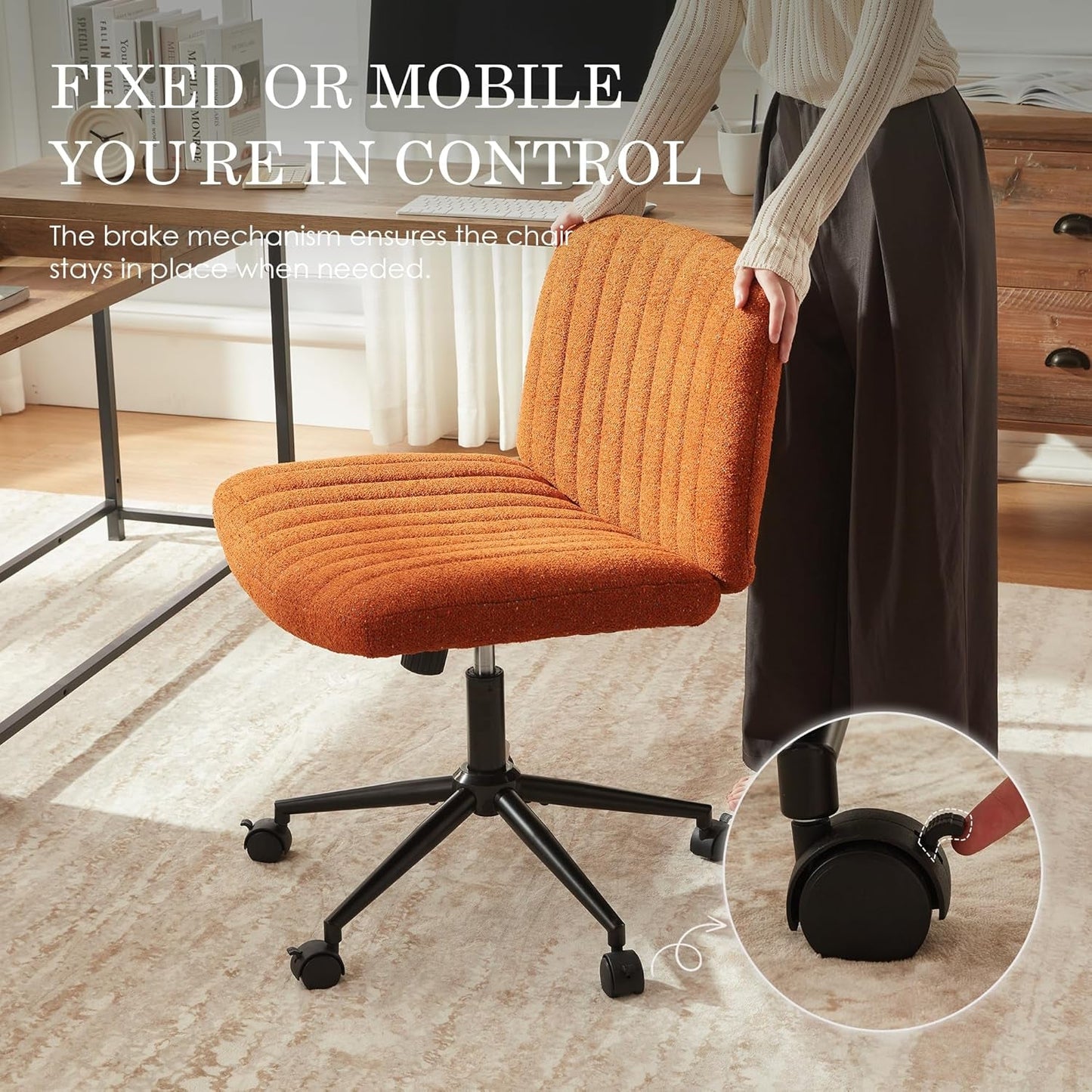 Criss Cross Chair with Locking Wheels, Preminum Fabric and Pocket Spring Cushion, Adjustable Swivel Wide Seat Computer Chair, Morden Design Vanity Chair Orange-4
