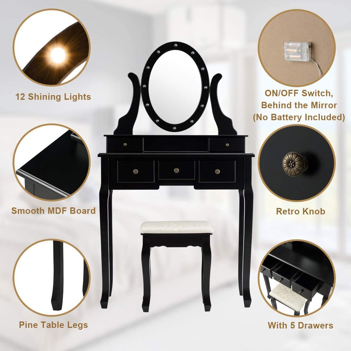 Black Vanity Dressing Table Set with Rotating Mirror-4