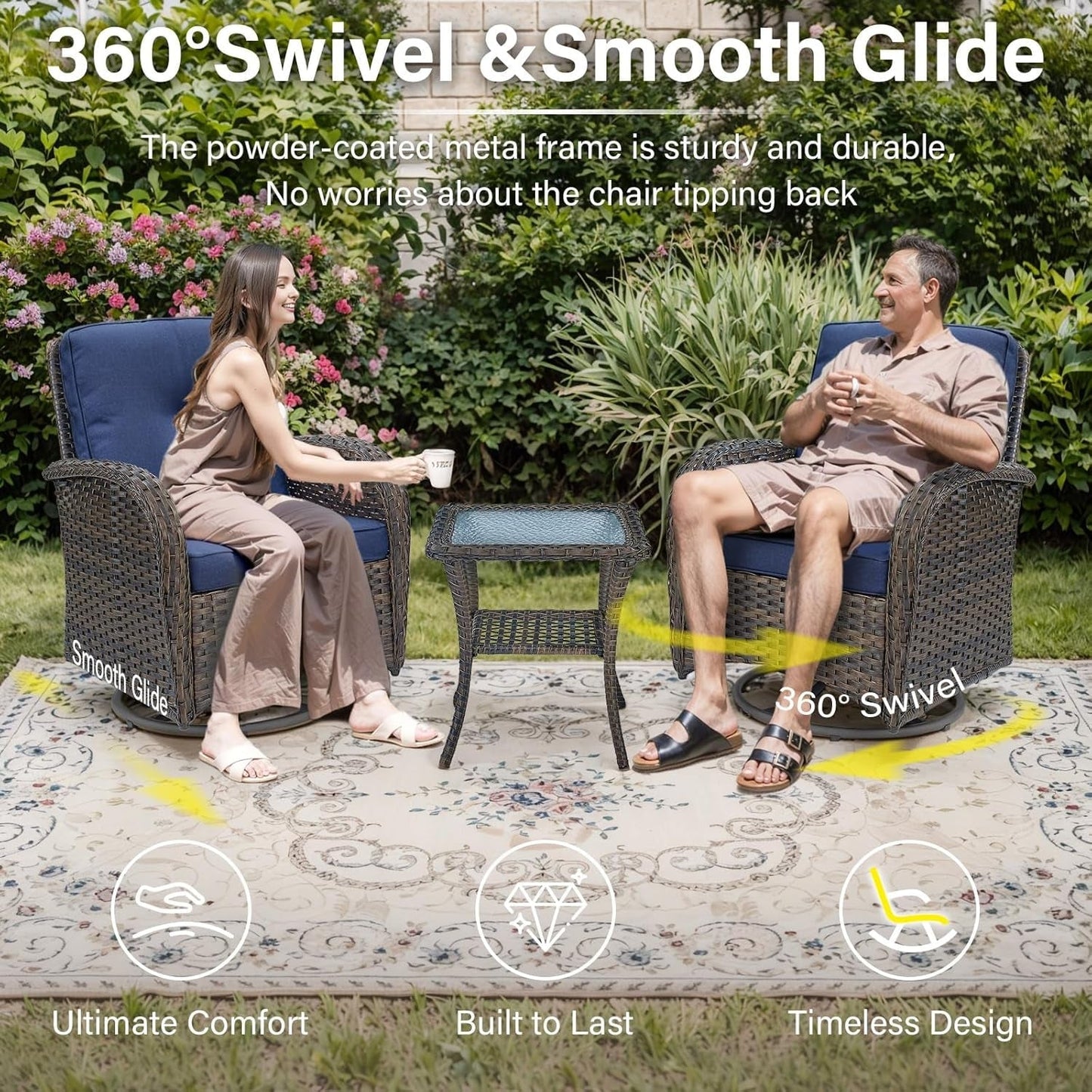 5 Piece Outdoor Patio Furniture Set with 50000 BTU Propane Fire Pit Table, Deep Seating Wicker Swivel Rocker Chairs and Loveseat Glider Patio Conversation Set for Deck Poolside Backyard Blue-1