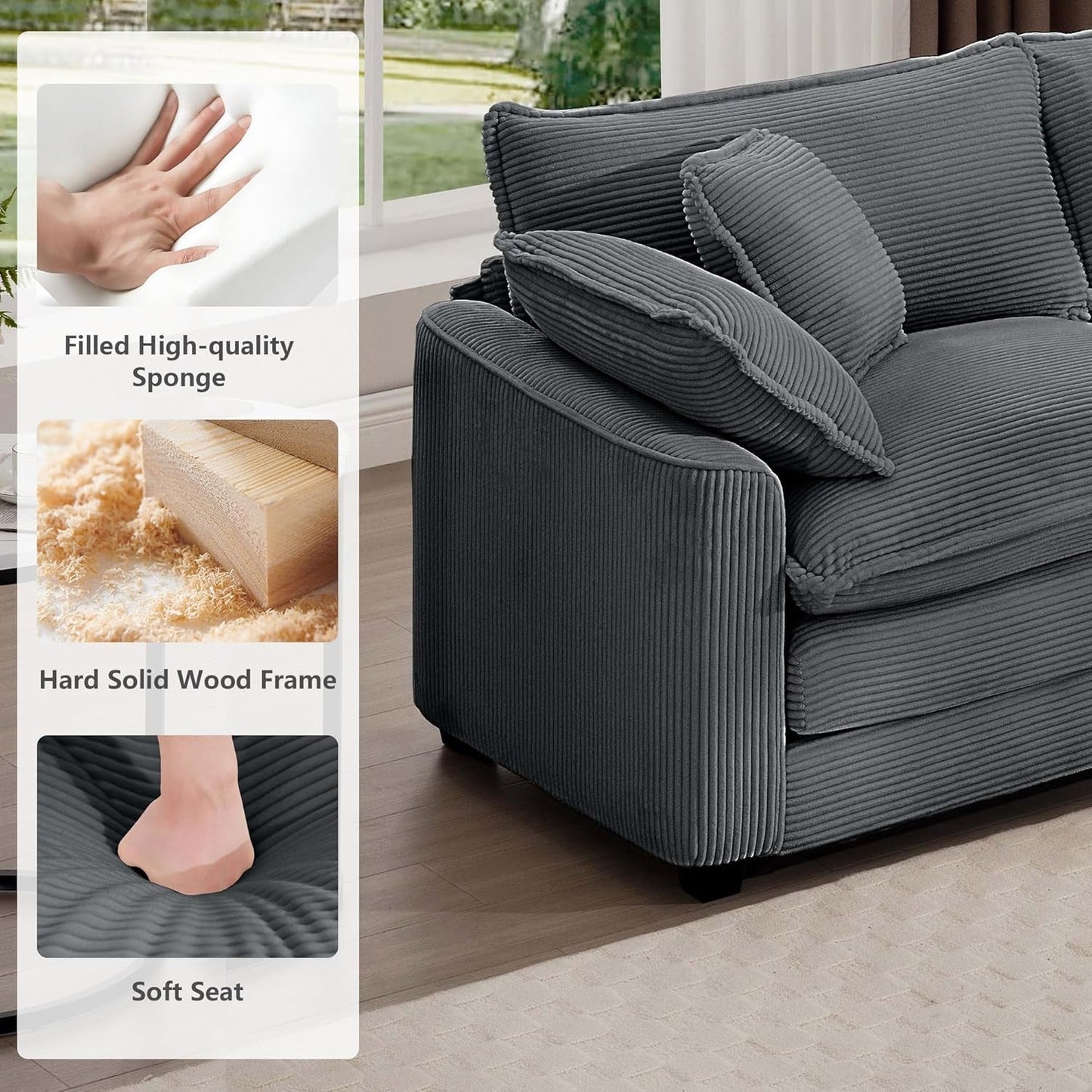 Oversized 2 Piece Sofa Set for Living Room, 3-Seater & Loveseat Couch, Modular Sectional Deep Seat Corduroy Comfy Cloud Couches with 4 Armrest Pillows and 5 Toss Pillows, Grey-4