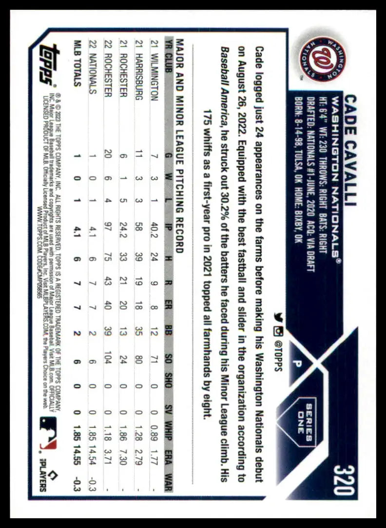 Cade Cavalli baseball card from 2023 Topps Rookie #320 Washington Nationals