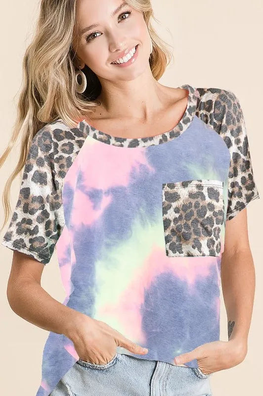 BiBi Tie Dye Knit Top with Leopard Raglan Sleeves