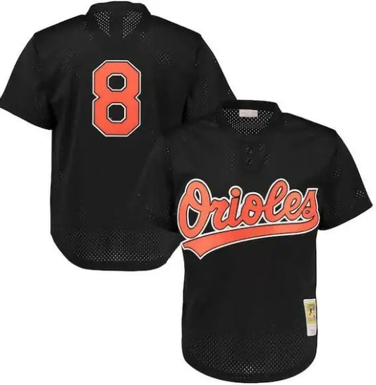 Black Orioles baseball jersey displayed in Cal Ripken Jr. Baltimore Orioles Cooperstown Mesh Batting Practice Jersey