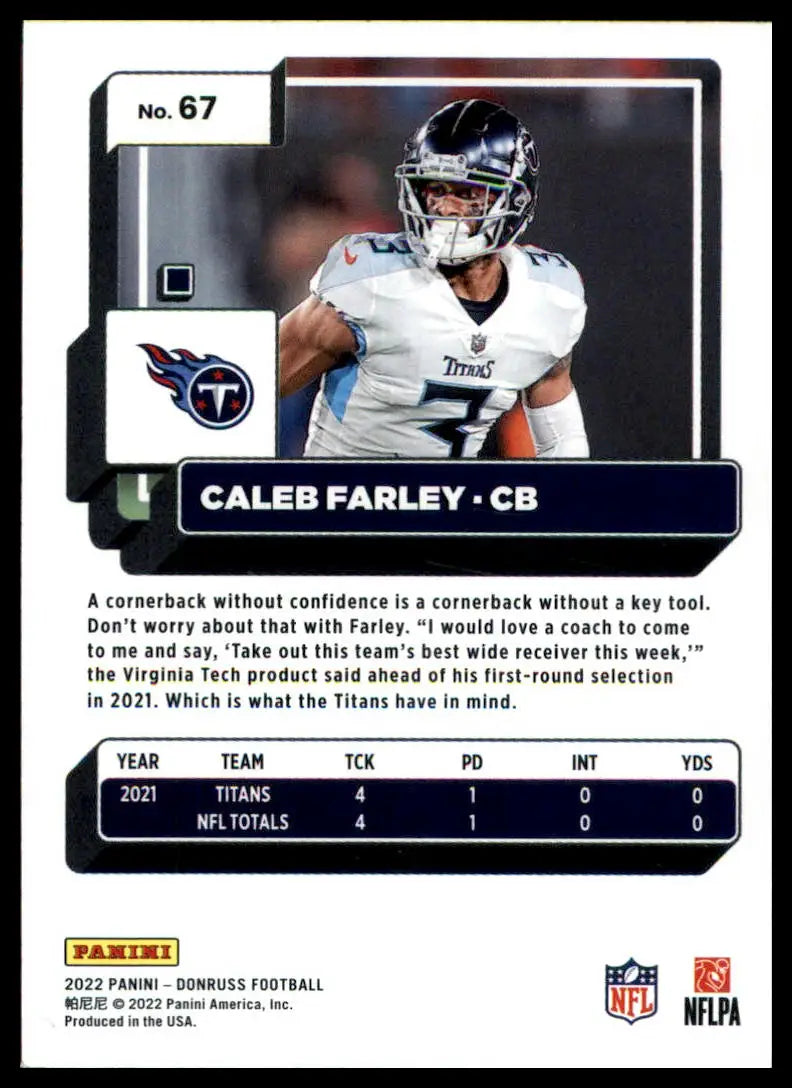 Caleb Farley football card from 2022 Donruss Tennessee Titans product
